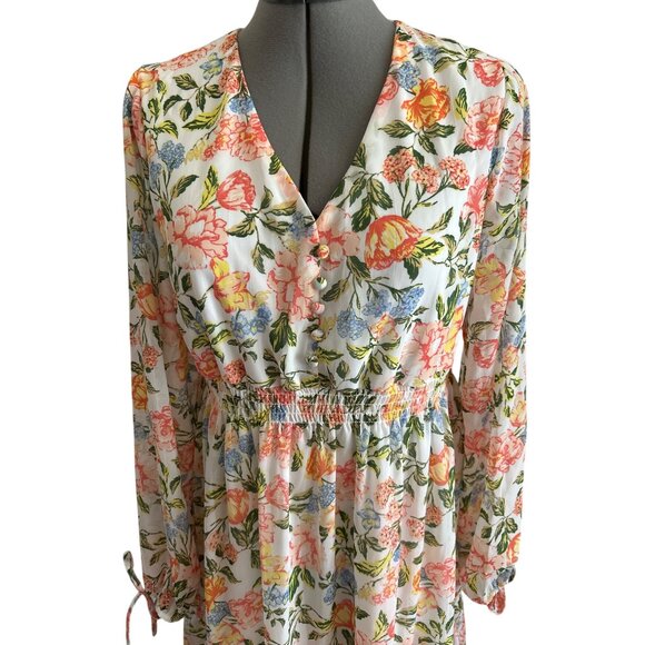 Harlow & Rose Floral Long-Sleeve V-Neck Dress Cottage Core Made In India Medium - Picture 2 of 10